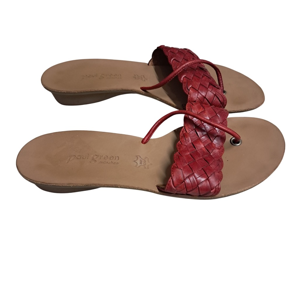 Paul Green Sandals Womens 7 Red Woven Leather Slides Flat Austria Coastal Boho